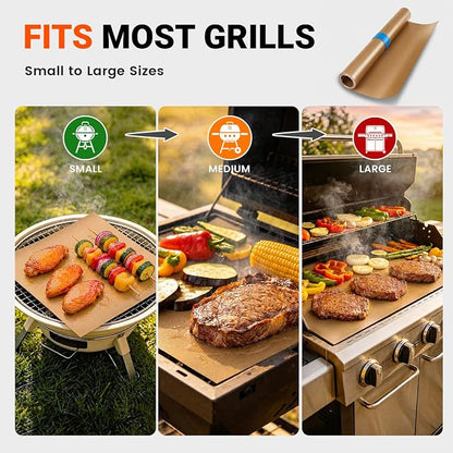 Grill Mats Roll with Cutter, Grill Mats for Outdoor Grill 15.75 x 100 Inch | Reusable Nonstick Mat for Gas Grills, Oven Liners, Outdoor BBQ, Baking Mats, and Easy Cleanup, Copper
