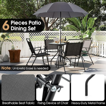 Giantex 6 Pieces Patio Dining Set, Folding Patio Chairs Set of 4, Tempered Glass Umbrella Table with Hole, Patio Table and Chairs for Lawn, Deck, Poolside, Backyard (Grey)