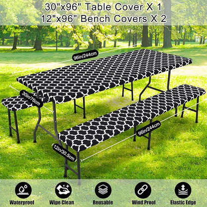 Smiry Picnic Table Cover with Bench Covers, Waterproof Elastic Fitted Tablecloth for 8 Foot Tables, Washable Polyester Tablecloths for Camping, Indoor & Outdoor (Black, 30x96 Inch 3-pc Set)