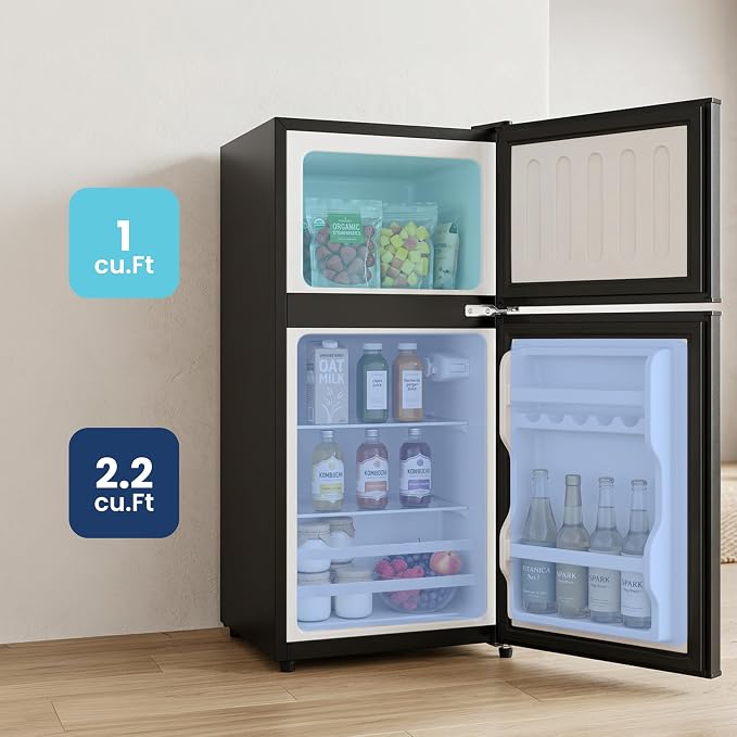 3.2 Cu.Ft Mini Fridge with Freezer, 2 Door Small Refrigerator with Adjustable Thermostat Energy-efficient Low Noise, Compact Fridge for Bedroom, Office, Dorm, Black