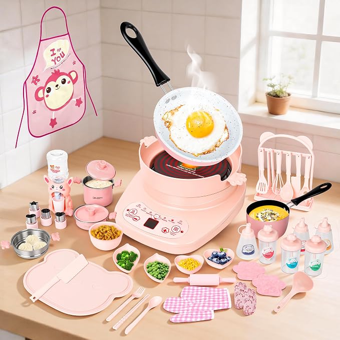 Mini Real Cooking Set for Teens ，42 PCS Electric Hot Plate Kit (Pink) | with Pot, Frying Pan, Steamer, Apron, Utensils and Accessories for Supervised Food Making