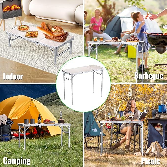 GARLLEN Folding Camping Table with Storage Bag, Max Capacity 66lbs | 3-Height Adjustable Picnic Table with MDF Tabletop, Portable Aluminum Outdoor Table for Camping, Travel, 34.2" L x 15.7" W