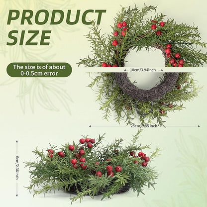 2 Pcs Christmas Candle Rings Wreaths, 10 Inch Candle Wreath with Artificial Berries Rosemary, Christmas Candle Holder Indoor Decor for Home Kitchen Cabinets Centerpieces for Tables