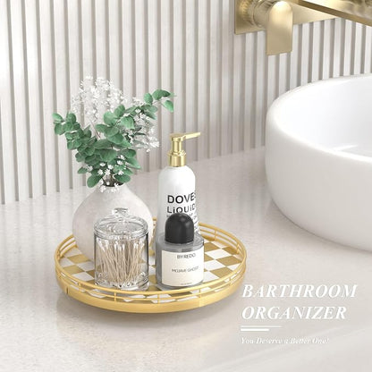 AMH 10-Inch Gold Checkerboard Lazy Susan Vanity Tray with Metal Rail | Smooth rotating oak tray with walnut finish for dining tables, kitchen counters, pantries and cabinet storage.