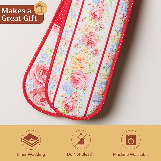 Maison d' Hermine Double Oven Mitts 100% Cotton 7"x35" Double Oven Mitt Heat Resistant BBQ Cooking Gloves with Loop Baking Grilling Kitchen Hotel Home Farmhouse Spring Summer (Vintage Floral)