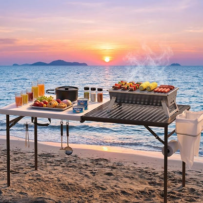 5ft Folding Table for Picnic Camping, Portable Outdoor Table with Metal Grid Grilling Surface, Heavy Duty Foldable Table for Cook Prep,Suitable for Camping, Backyard, Patio and Beach