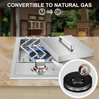 Single Grilling Side Burners for Outdoor Kitchen, 15,000BTU Liquid Propane Side Burner, Duty Heavy 304 Stainless Steel, Convertible to Natural Gas, Drop-in Side Burner for Outdoor BBQ Grill Island