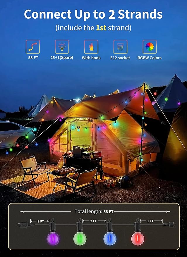Brightown Outdoor String Lights 58 Feet G40 LED Patio Lights, 27 Plastic Edison Bulbs(2 Spare), Remote, Timer, Waterproof Connectable Hanging Light for Backyard Porch Balcony Party Decor, Multicolor