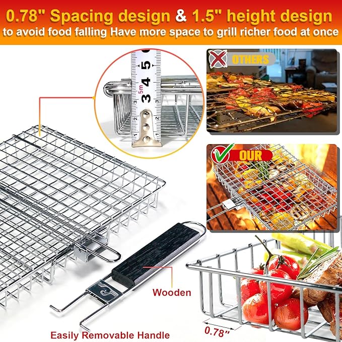 Large Stainless Steel Grilling Basket with Removable Handle – Deep Fish & Vegetable Grill Basket for Outdoor BBQ, Heavy Duty Non-Stick Basket for Gas/Charcoal Grill, Easy to Clean – Gifts for Dad