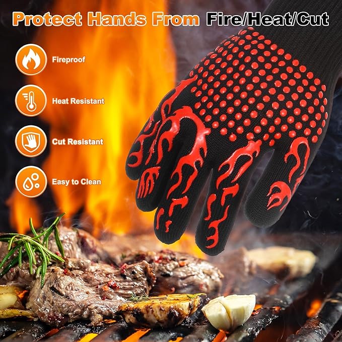 M METERXITY 1-Pair BBQ Gloves, 1472°F Heat Resistant Non-Slip Grilling Oven Gloves for Barbecue/Baking/Cooking, with Storage Bag [Flame Pattern L, Red]