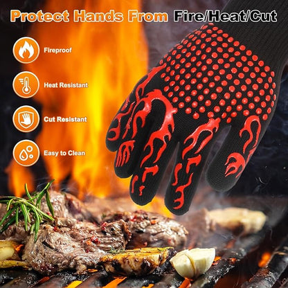 M METERXITY 1-Pair BBQ Gloves, 1472°F Heat Resistant Non-Slip Grilling Oven Gloves for Barbecue/Baking/Cooking, with Storage Bag [Flame Pattern L, Red]