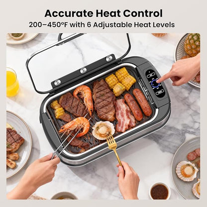Electactic Indoor Smokeless Grill & Griddle, Nonstick Electric Grill with Adjustable Temperature Control, Dishwasher-Safe Parts and Auto Shut-Off for Everyday Cooking