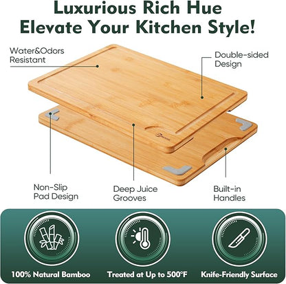 Bamboo Cutting Board, Durable Wood Cutting Boards for Kitchen Set 3 Packs with Non Slip Feet Holder and Over Sink Solid Thick Reversible Large Big Small Vegetables Fruits Kitchen Gifts (Natural)
