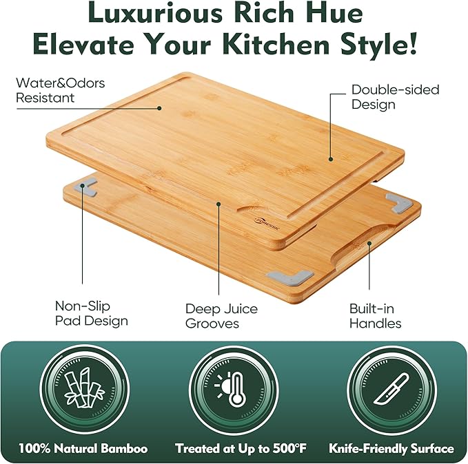Wood Cutting Board Set Non Slip Feet Over Sink Natural Bamboo Set With Smooth Surface Knife-Friendly and Easy Storage Set of 2 Medium - Small Serving Kitchen Gadgets (Natural)