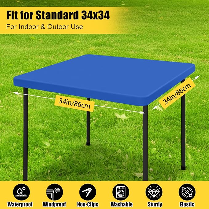 Smiry Rectangle Tablecloth, Elastic Fitted Flannel Backed Vinyl Tablecloths for 3ft Folding Tables, Waterproof Wipeable Table Covers for Indoor, Outdoor, Camping and Picnic (Blue, 34"x34")