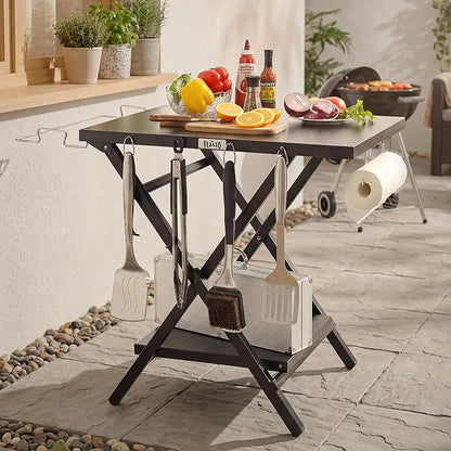 Feasto Outdoor Grill Table, Foldable Pizza Oven Stand & Griddle Stand with Garage Rack & Tissue Holder, Folding Outdoor Prep Table for Gathering and Party, 30" x 24", Black