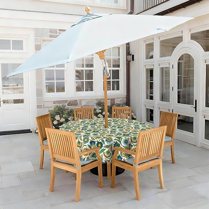 LVTXIII Round Outdoor Tablecloth with Umbrella Hole and Zipper, Water-Repellent 60 Inch Patio Table Cover for Bistro, Garden, Patio & Picnic, Fiesta Floral