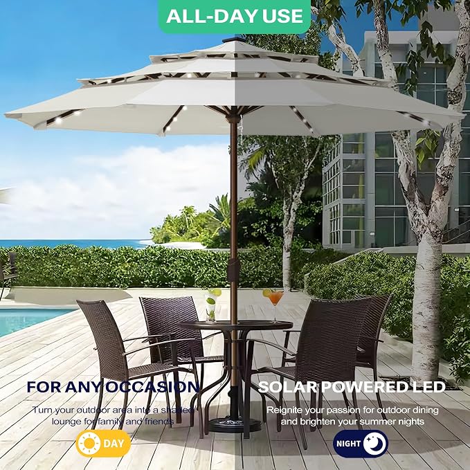 EliteShade USA 10-Year-Non-Fading 10ft 3-Tier Market Patio Umbrella, Commercial Table Umbrella with 80 Solar LED Lights, Crank Open, Windproof & UPF 50+ UV Protection for Garden, Deck, Pool, Backyard, No Tilt, White