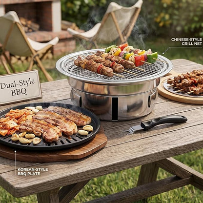 Korean BBQ Grill, Portable Charcoal Grills with Non-Stick Pan & Net, Small Indoor/Outdoor Charcoal (Korean Grill, Bbq)