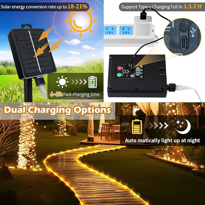LairtPOW Solar Rope Lights with Remote,72FT 200LEDs Outdoor Solar Strip Lights,IP67 Waterproof USB Charging Solar String Lights, Timing & 8 Modes Outdoor Fairy Light for Garden Patio Tree (Warm White)