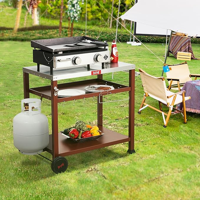 Feasto 3-Shelf Pizza Oven Table with 33.5" x 21.7" Stainless Tabletop, Outdoor Grill Cart with Tank Hook for Pizza Ovens & Griddles, Heavy-Duty Prep Station for Patio BBQ and Deck Parties, Coffee