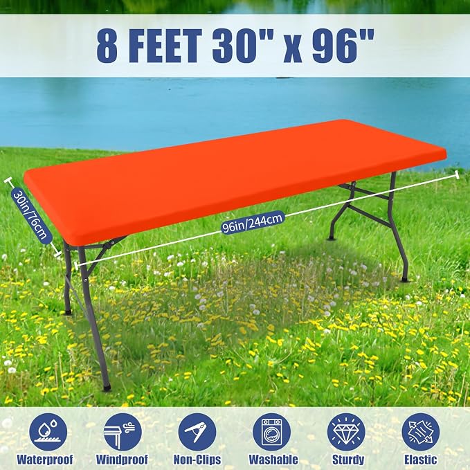 Moosfor 2 Pack Rectangle Spandex Fitted Table Cloth, 8FT Elastic Tablecloth | Washable Picnic Table Cover, Stretch Waterproof Table cloths for Party, Patio, Dining, Kitchen, 30" x 96", Orange