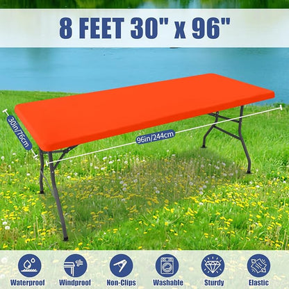 Moosfor 2 Pack Rectangle Spandex Fitted Table Cloth, 8FT Elastic Tablecloth | Washable Picnic Table Cover, Stretch Waterproof Table cloths for Party, Patio, Dining, Kitchen, 30" x 96", Orange