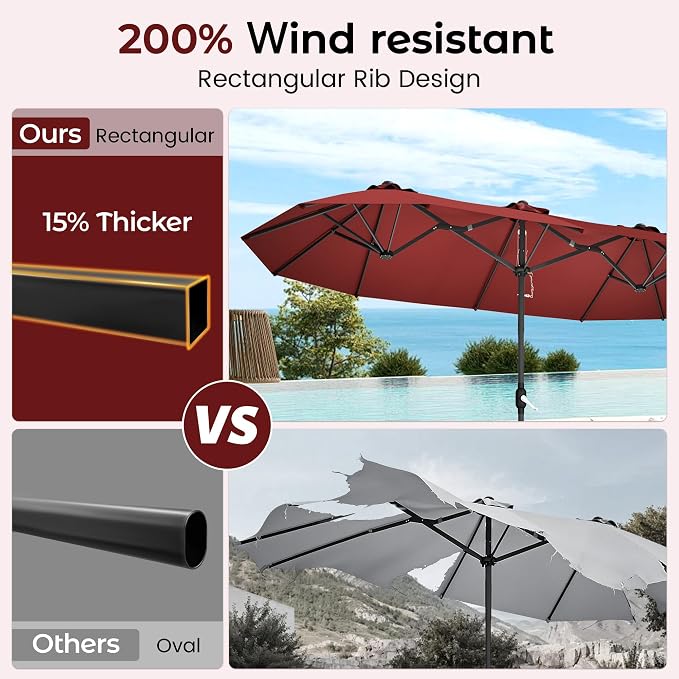 15ft Red Patio Umbrella with Base Included,Rectangle Double Extra Large Table Umbrella Outdoor Giant Umbrella for Porch Pool Lawn Deck,Market,Backyard Outside,Burgundy Red