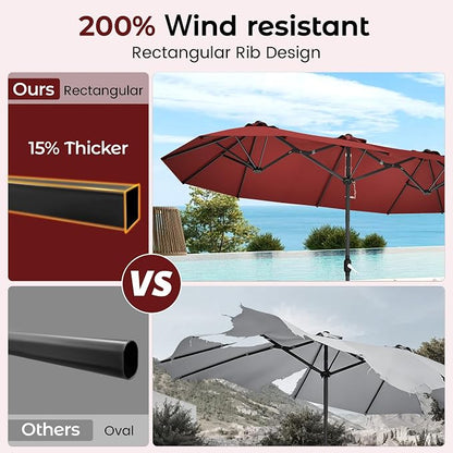 15ft Red Patio Umbrella with Base Included,Rectangle Double Extra Large Table Umbrella Outdoor Giant Umbrella for Porch Pool Lawn Deck,Market,Backyard Outside,Burgundy Red