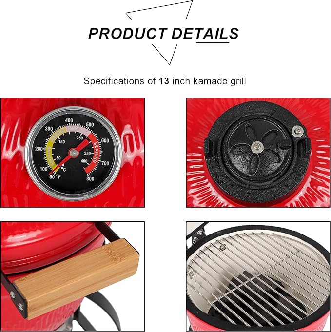 13in Round Ceramic Charcoal Grill, Portable Barbecue Grill with Thermometer, Cast Iron Cooking Grate, Heat Deflectors and Ash Tool, Perfect for Outdoor BBQ Party, Camping and Small Patios,Orange