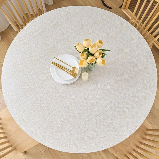 LIBERECOO Round Vinyl Fitted Tablecloth with Flannel Backing Elastic Edge Table Cover Waterproof Stain-Resistant Wipeable Tablecloths Fits 40-44 Inch Round Tables