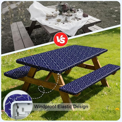 Picnic Table Cover with Bench Covers Windproof Waterproof Picnic Table Covers Camping Tablecloth with Self-Storage Bag, 72in, Dark Blue
