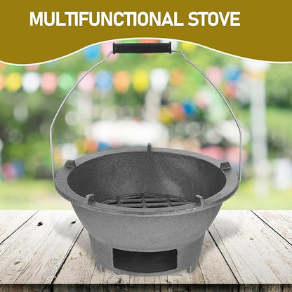 Cast Iron Charcoal Stove Charcoal Grill Portable Outdoor Barbecue Large Iron Grill with Handle and Inner Grate for Camping and Backyard Cooking