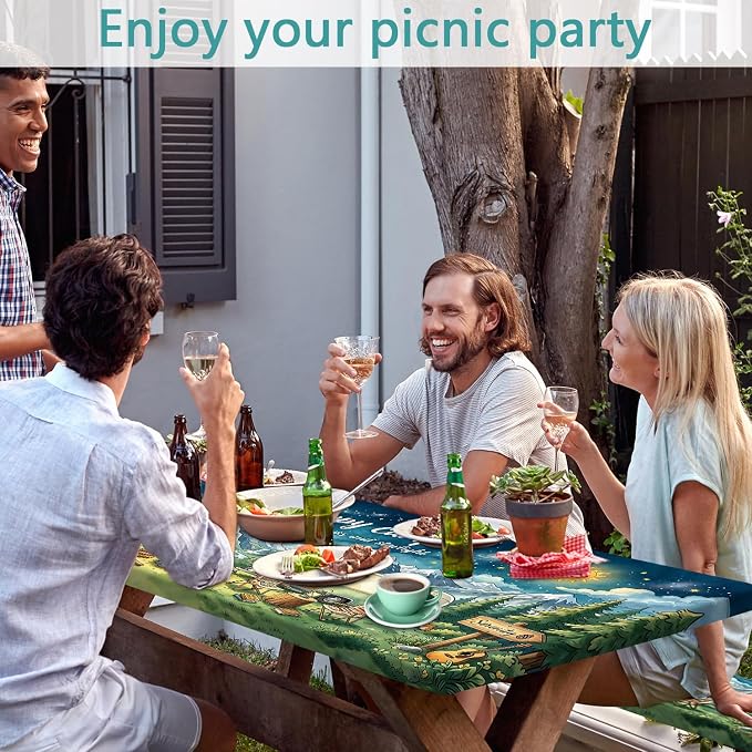 Picnic Table Cover with Bench Covers and Bag, Camping Essentials, Happy Camper Starry Night Waterproof Camping Tablecloth, Elastic Edges Fitted Rectangle Tables for Outdoor & Garden, 3PCS, 30x60 Inch