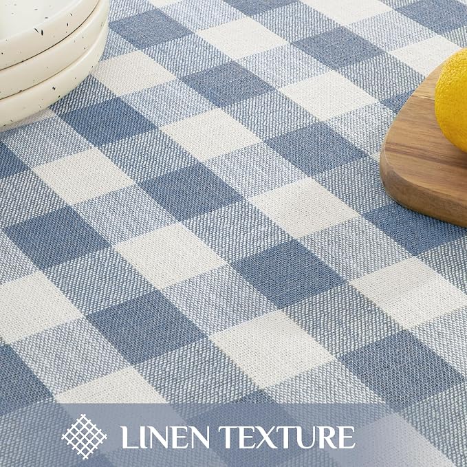 Softalker Checkered Tablecloth Rectangle, Outdoor Linen Cotton Gingham Table Cloth with Tassel, Heavy Duty Wrinkle Free Buffalo Plaid Table Cover for Kitchen Dining Summer Party - 55 x 120 Inch, Blue