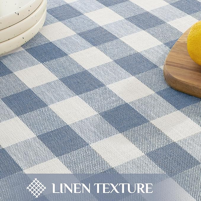 Softalker Checkered Tablecloth Rectangle, Outdoor Linen Cotton Gingham Table Cloth with Tassel, Heavy Duty Wrinkle Free Buffalo Plaid Table Cover for Kitchen Dining Summer Party - 55 x 102 Inch, Blue