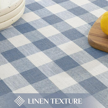 Softalker Checkered Tablecloth Rectangle, Outdoor Linen Cotton Gingham Table Cloth with Tassel, Heavy Duty Wrinkle Free Buffalo Plaid Table Cover for Kitchen Dining Summer Party - 55 x 84 Inch, Blue