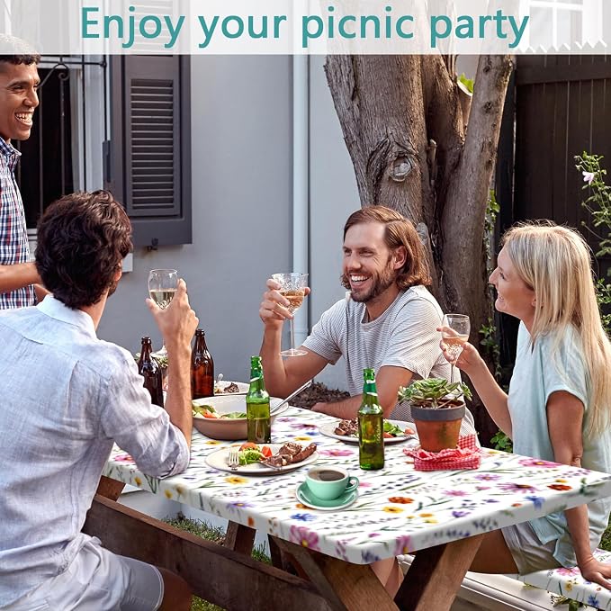 Floral Picnic Table Cover with Bench Covers and Bag, Camping Essentials, Colorful Wildflower Waterproof Camping Tablecloth with Elastic Edges Fitted Rectangle for Outdoor & Garden, 3 Pcs, 30x60 Inch