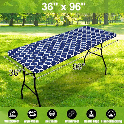 Smiry Picnic Fitted Table Cover, 8 Foot Flannel Backed Vinyl Tablecloth | Waterproof Elastic Stretch Table Cloth, Wipeable Plastic Tablecloth for Camping, Indoor & Outdoor (Navy, 36" x 96")