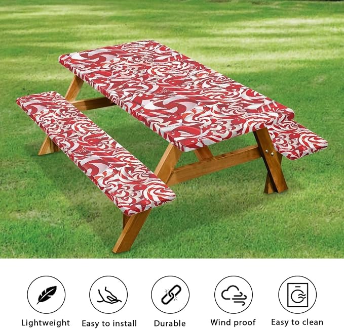 Xmas Elastic Fitted Table Cloth for Camping Party Supplies 3 PCS Set Christmas Swirl Candy Outdoor Picnic Table Cover with Bench Covers
