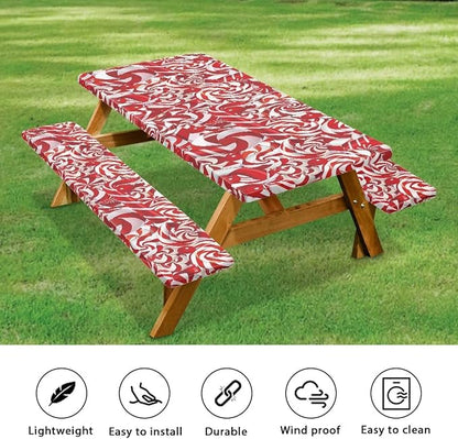 Xmas Elastic Fitted Table Cloth for Camping Party Supplies 3 PCS Set Christmas Swirl Candy Outdoor Picnic Table Cover with Bench Covers