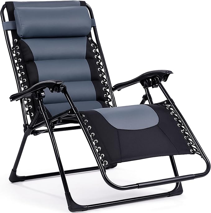 Backyard Expressions Deluxe XL Padded Recliner Zero Gravity Chair – Ergonomic Anti-Gravity Lounger with Folding Design, Side Tray, and Adjustable Headrest