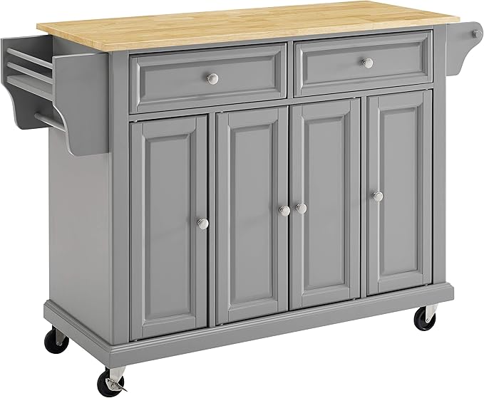 Crosley Furniture Full Size Wood Top Rolling Kitchen Island Storage Cart, Microwave Stand, Spice Rack, Gray