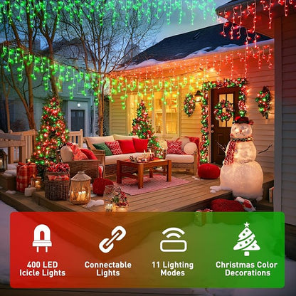 JMEXSUSS Color Changing Icicle Lights for Outside, 11 Modes 400 LED | Christmas Icicle Lights with 80 Drops, Red to Green Icicle Lights for Christmas Eaves Party Decorations
