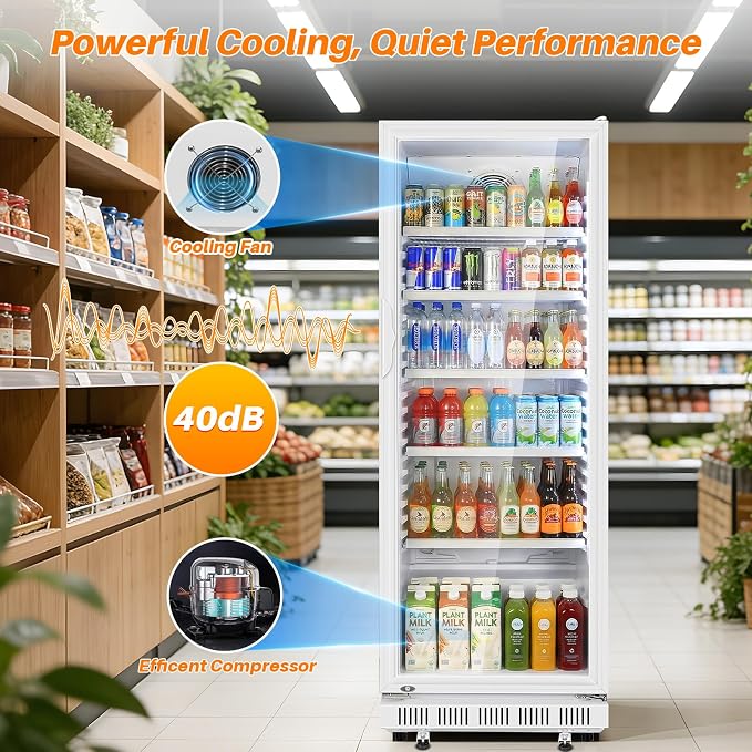 Velivi Commercial Beverage Refrigerator, 24.5" Glass Door Display Fridge, 15 Cu.Ft Beverage Cooler with 5 Adjustable Shelves, Auto Rebound Door, Low Noise, for Shops, Restaurants & Bars WHITE