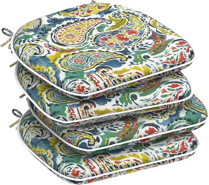 DYTXIII Set of 4 Outdoor Chair Cushions with Ties,Water Repellent Patio Chair Pads 17"x 16" for Outdoor Furniture,Round Corner Seat Cushions for Garden Yard Kitchen Paisley Paradise