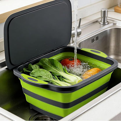 3-in-1 Folding Cutting Boards, Collapsible BBQ Prep Tub with Lid, 9L Container with Strainer, PP+TPR Material Cutting Board, Chopping Board Folds to 1.5Inch Slim for RV, Camping & Small Kitchen