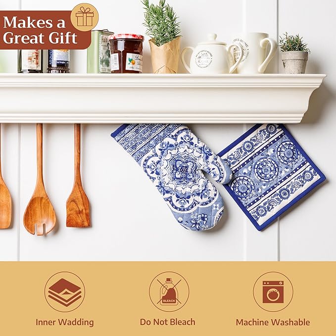 Maison d'Hermine Oven Gloves 100% Cotton Oven Mitt 7" x 13" with Loop Heat Resistant BBQ Cooking Gloves Baking Grilling Kitchen Hotel Home Farmhouse Spring Summer (Pack of 1, Melodie Bleue)