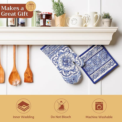 Maison d'Hermine Oven Gloves 100% Cotton Oven Mitt 7" x 13" with Loop Heat Resistant BBQ Cooking Gloves Baking Grilling Kitchen Hotel Home Farmhouse Spring Summer (Pack of 1, Melodie Bleue)