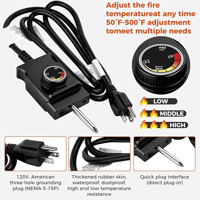 1500 Watt Heating Element 50°F To 450°F For Masterbuilt Electric Smoker and Grill,With Adjustable Thermostat Cord Controller and Stainless steel connection box By Romalon